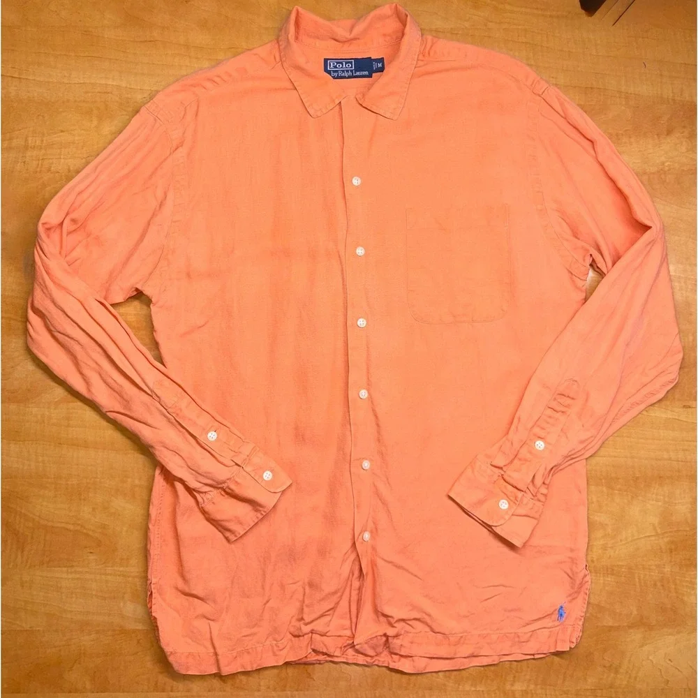 Polo Ralph Lauren Mens Orange Linen Cotton Button Up Shirt Medium Long Sleeve
